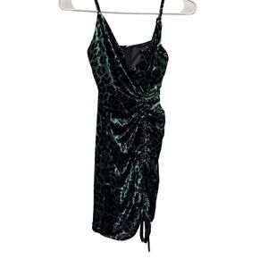Windsor Green Black Leopard Velvet dress with Ruched tie bottom Size Small